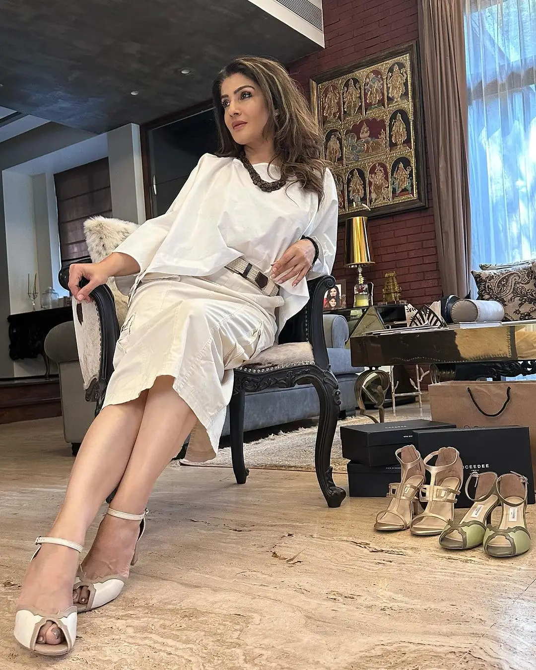 Raveena Tandon Long Legs Show in White Gown